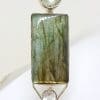 Sterling Silver Very Long Rectangular Labradorite with Clear Crystal Quartz and Green Amethyst / Prasiolite Pendant on Silver Chain / Necklace