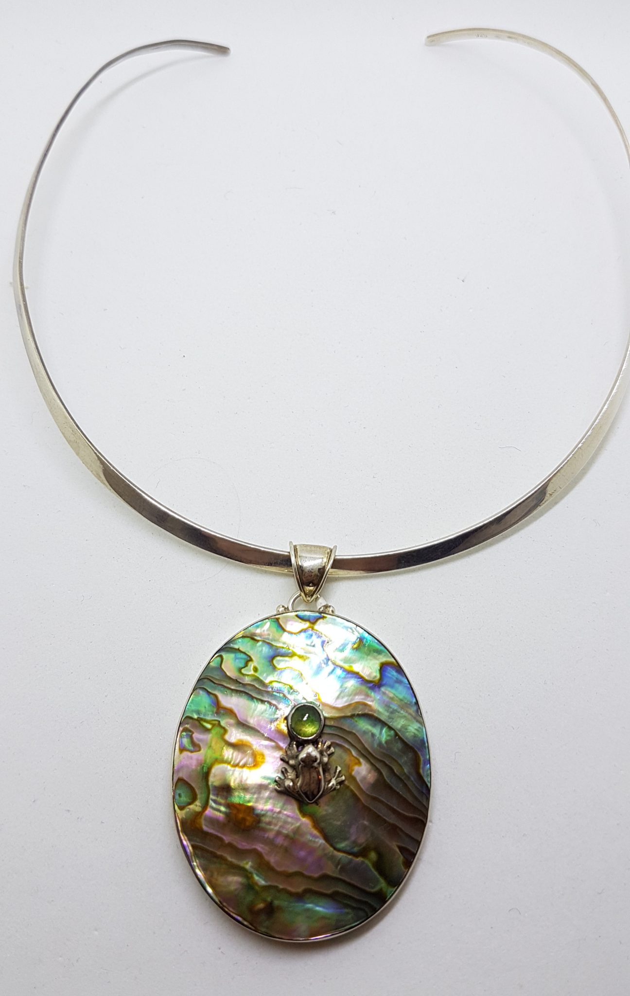 20200831_132752 Sterling Silver Paua Shell with Peridot Frog on a Pond Pendant on Silver Choker Chain / Necklace