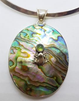 Sterling Silver Paua Shell with Peridot Frog on a Pond Pendant on Silver Choker Chain / Necklace