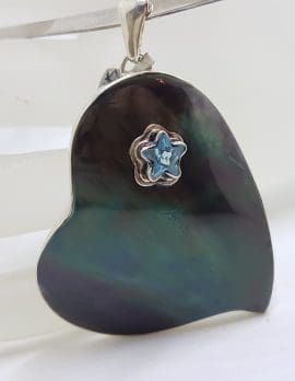 Sterling Silver Very Large Paua Shell Heart with Topaz Star Pendant on Silver Choker Chain / Necklace