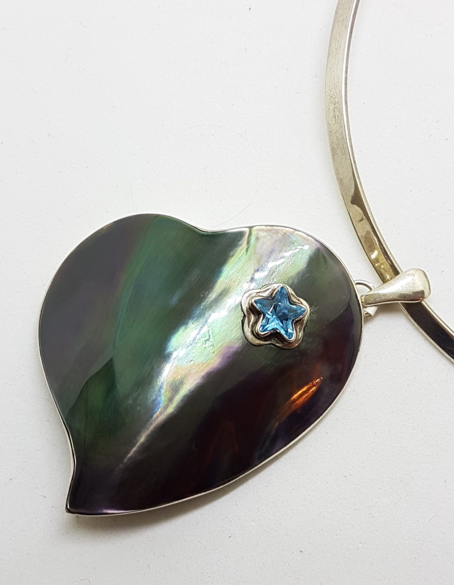 20200831_133020 Sterling Silver Very Large Paua Shell Heart with Topaz Star Pendant on Silver Choker Chain / Necklace