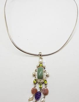 Sterling Silver Long and Ornate Jade, Amethyst, Carnelian, Peridot and Pearl Pendant on Silver Choker Chain / Necklace