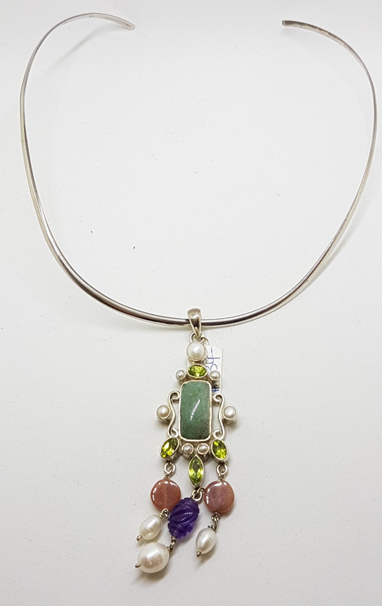 Sterling Silver Long and Ornate Jade, Amethyst, Carnelian, Peridot and Pearl Pendant on Silver Choker Chain / Necklace