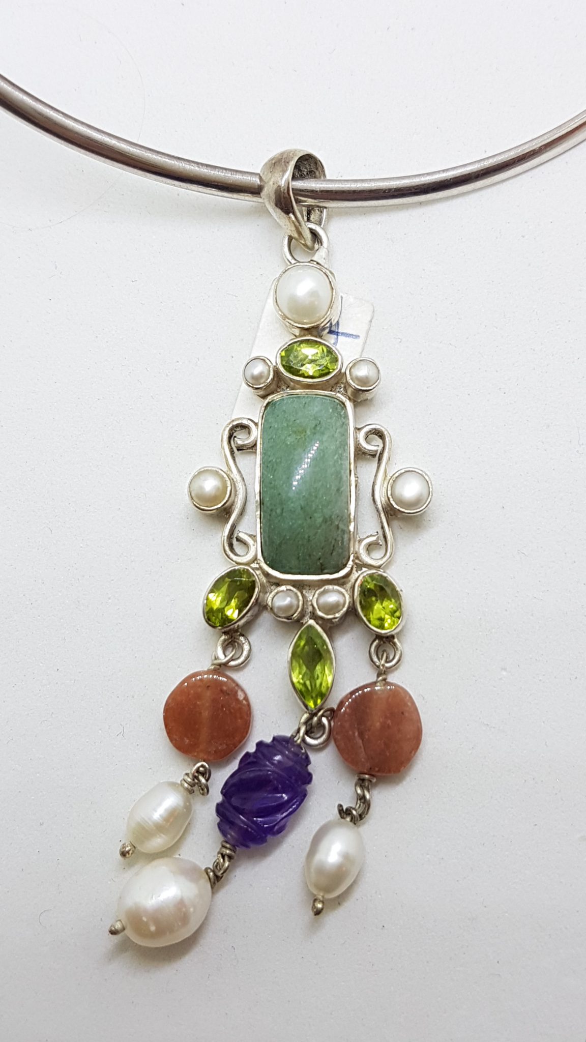 Sterling Silver Long and Ornate Jade, Amethyst, Carnelian, Peridot and Pearl Pendant on Silver Choker Chain / Necklace