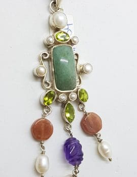 Sterling Silver Long and Ornate Jade, Amethyst, Carnelian, Peridot and Pearl Pendant on Silver Choker Chain / Necklace