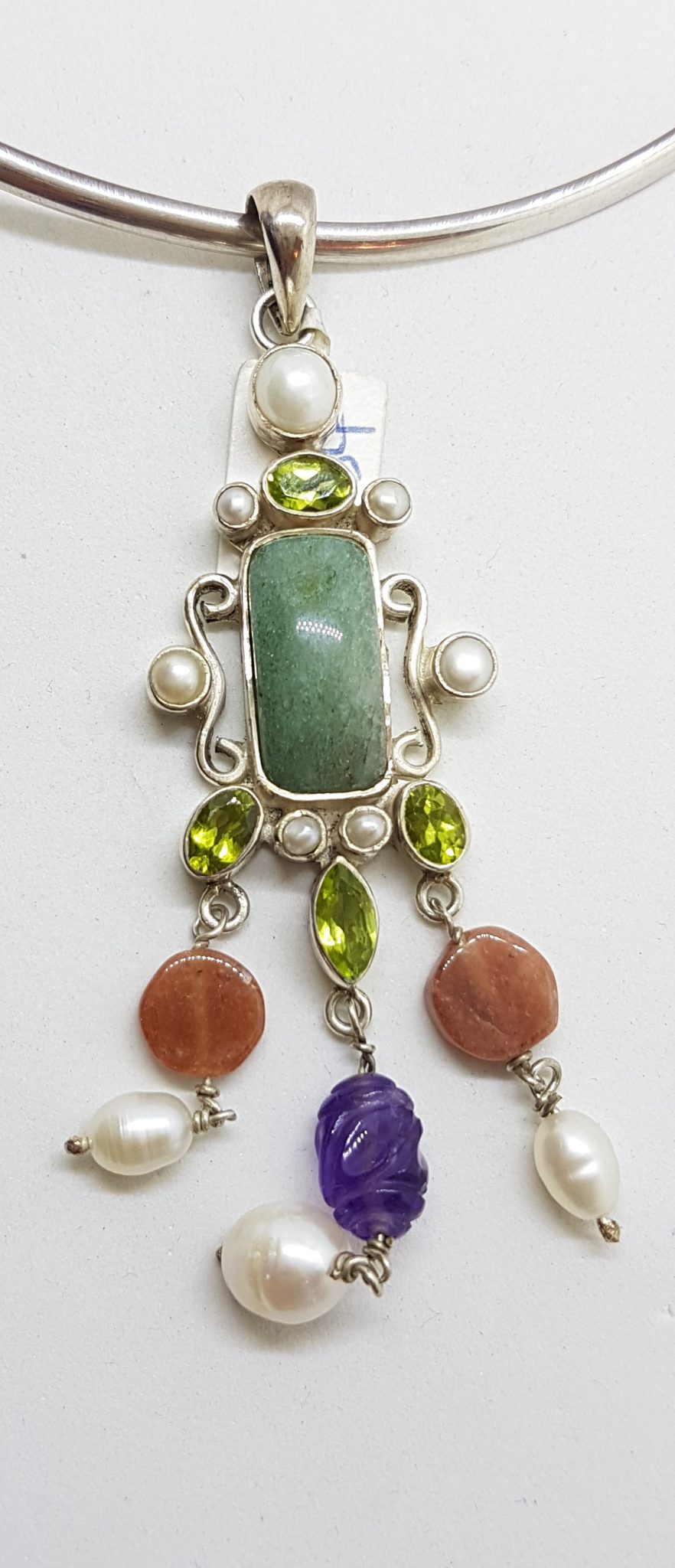 Sterling Silver Long and Ornate Jade, Amethyst, Carnelian, Peridot and Pearl Pendant on Silver Choker Chain / Necklace
