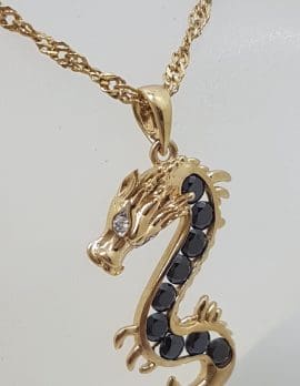 9ct Yellow Gold Dragon with Black Gems and Diamonds Pendant on 9ct Chain