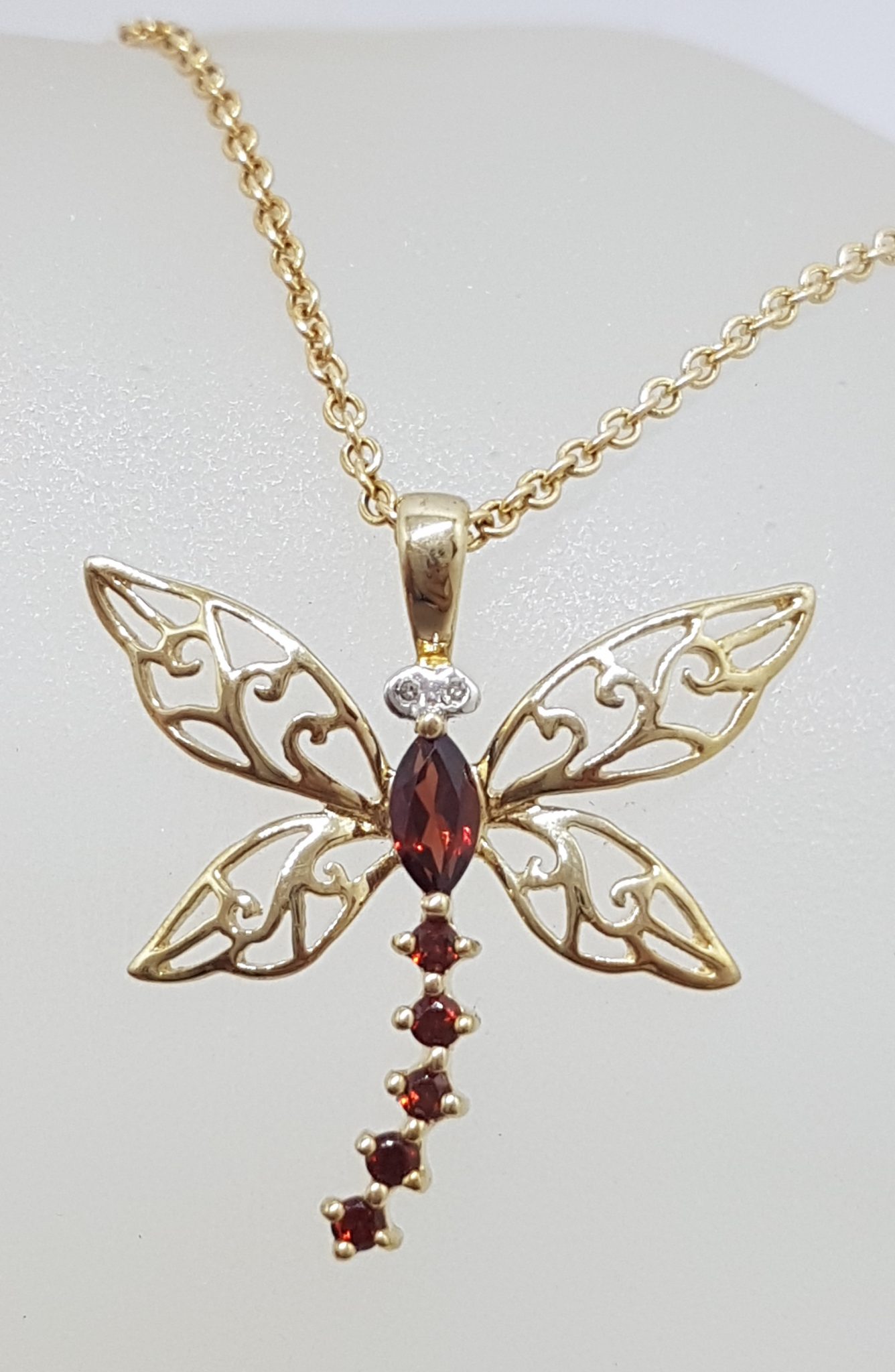 9ct Yellow Gold Garnet & Diamond Dragonfly Pendant on 9ct Chain