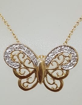 9ct Gold Ornate Diamond Butterfly Pendant on 9ct Gold Chain