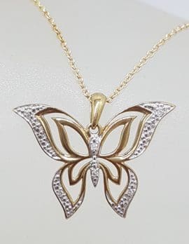 9ct Yellow Gold Ornate Filigree Diamond Butterfly Pendant on 9ct Gold Chain
