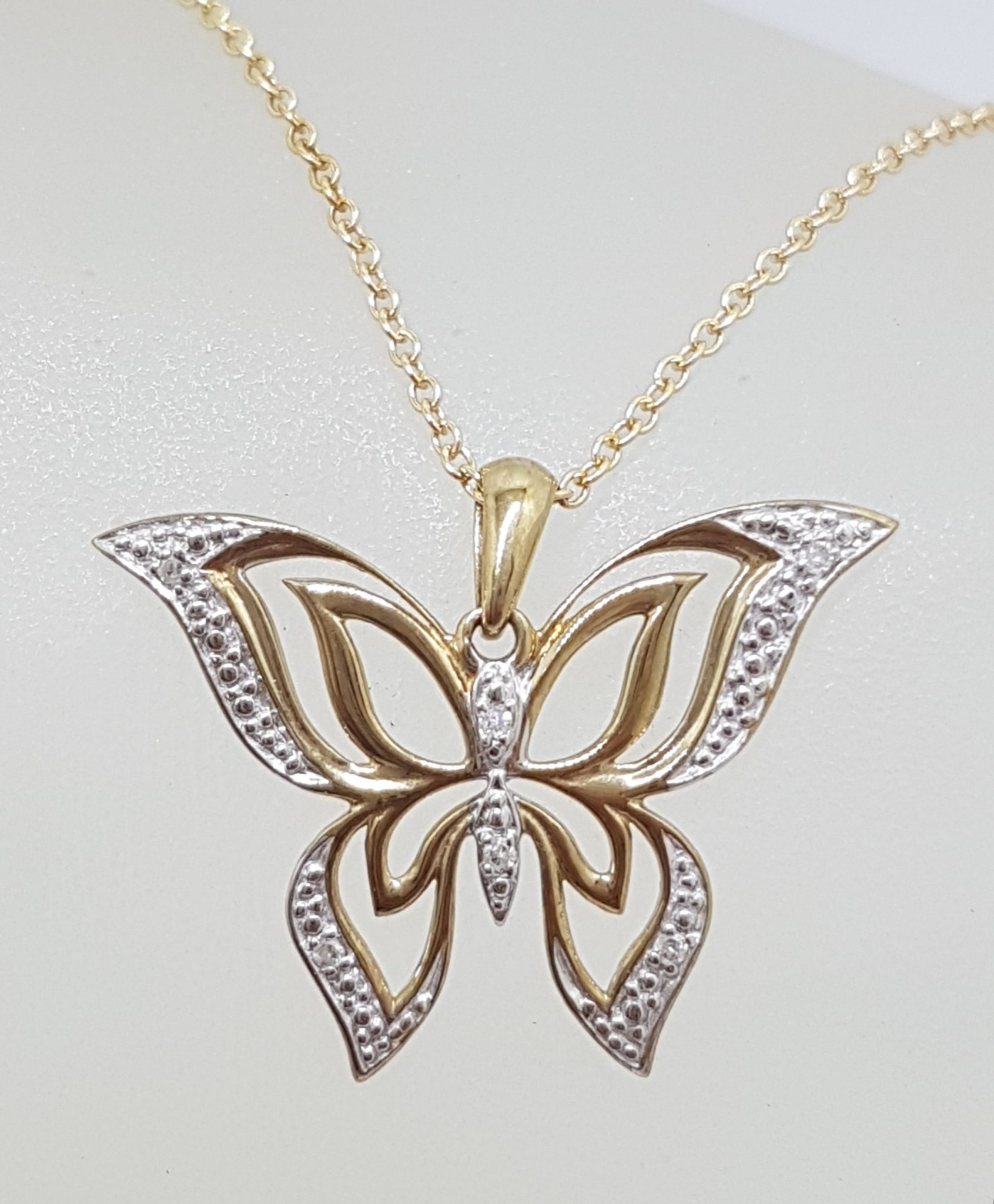 20200831_204231 9ct Yellow Gold Ornate Filigree Diamond Butterfly Pendant on 9ct Gold Chain