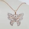 9ct Rose Gold Filigree / Ornate Butterfly Pendant set with Diamonds on 9ct Chain