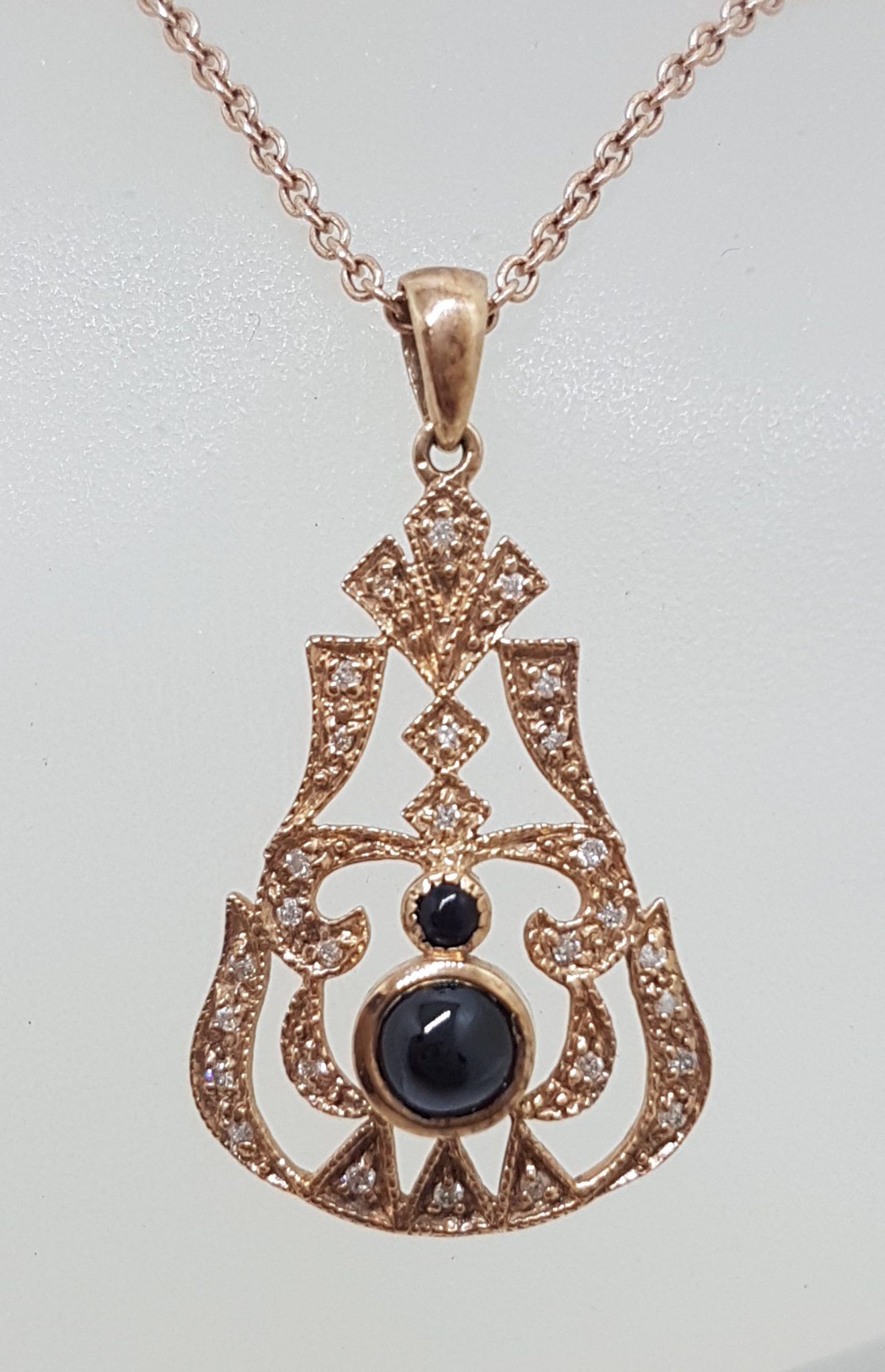 20200831_204807 9ct Rose Gold Onyx and Diamond Pendant on 9ct Chain