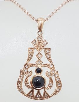 9ct Rose Gold Onyx and Diamond Pendant on 9ct Chain