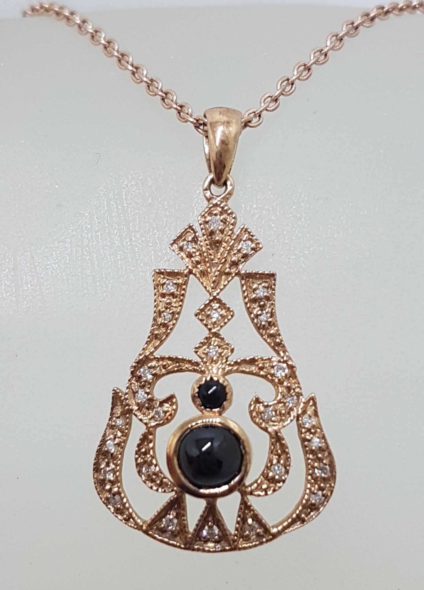20200831_204834 9ct Rose Gold Onyx and Diamond Pendant on 9ct Chain