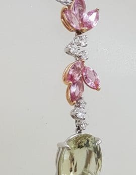 18ct White Gold Ornate Diamond, Pink Sapphire and Lemon Quartz Long Drop Pendant on Gold Chain