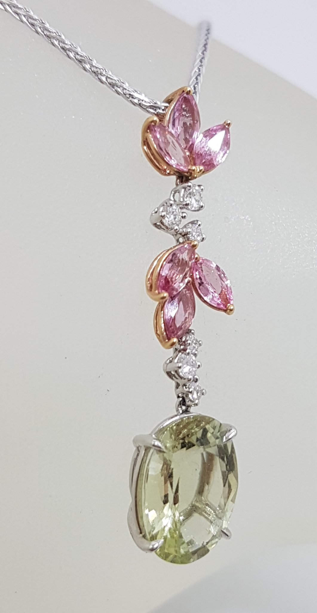 18ct White Gold Ornate Diamond, Pink Sapphire and Lemon Quartz Long Drop Pendant on Gold Chain