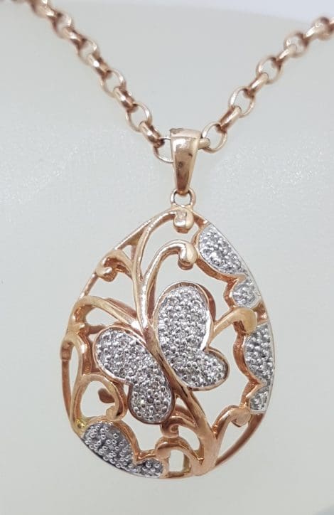 9ct Rose Gold Large Ornate Butterfly Pendant set with Diamonds on 9ct Chain