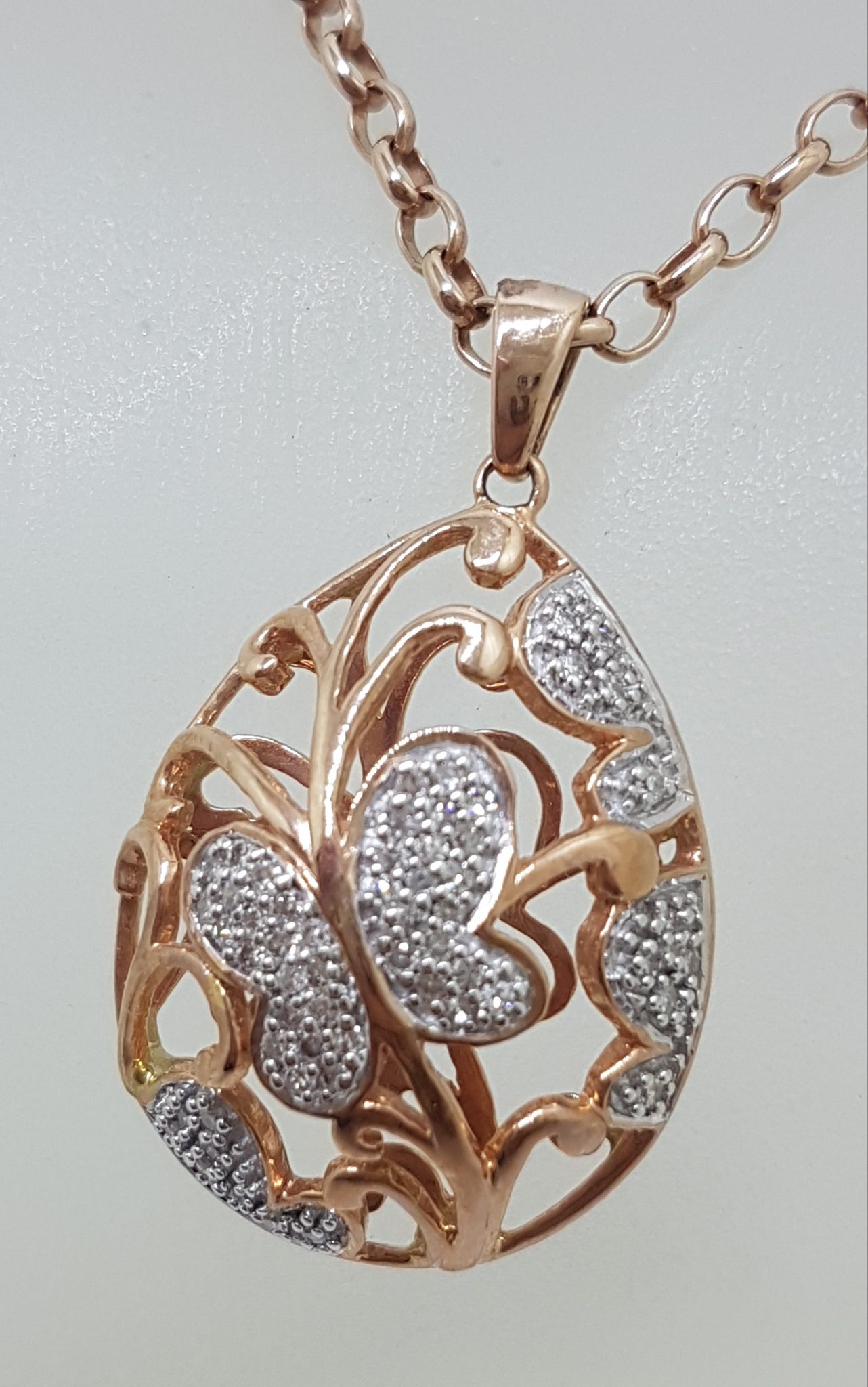 20200831_204955 9ct Rose Gold Large Ornate Butterfly Pendant set with Diamonds on 9ct Chain