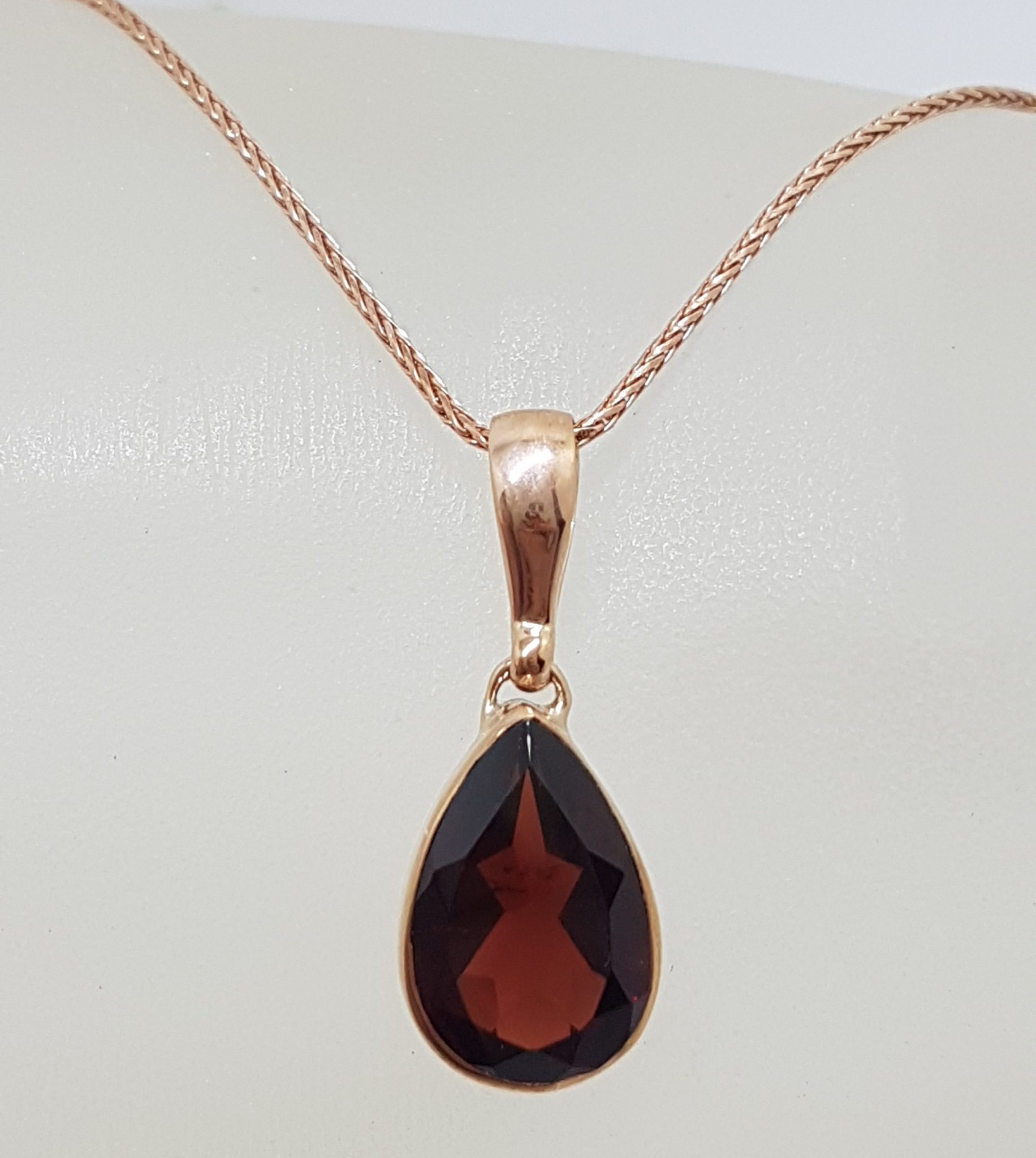 20200831_205138 9ct Rose Gold Teardrop Pear Shape Garnet Pendant on 9ct Chain