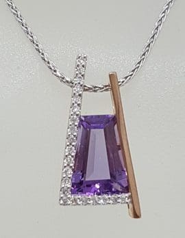 9ct Rose Gold Unique Amethyst and Diamond Pendant on White Gold Chain