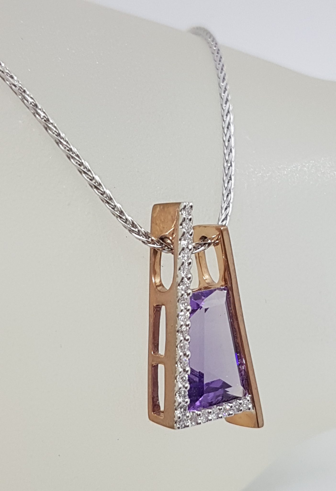 20200831_205300 9ct Rose Gold Unique Amethyst and Diamond Pendant on White Gold Chain
