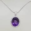 9ct White Gold Oval Amethyst and Diamond Pendant on 9ct Chain