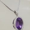 9ct White Gold Oval Amethyst and Diamond Pendant on 9ct Chain