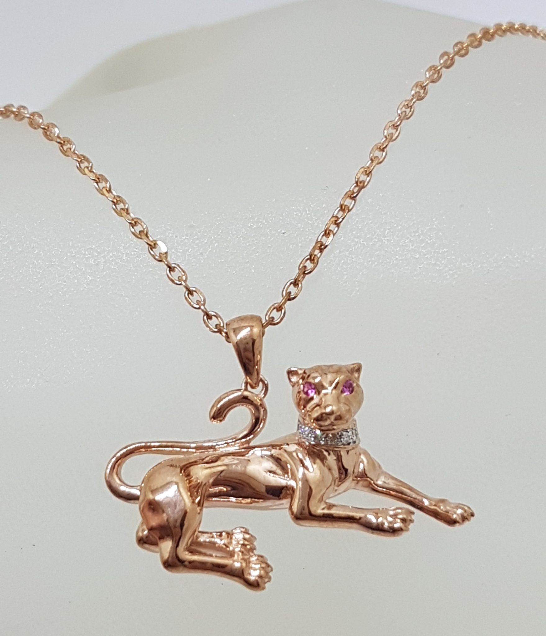 9ct Rose Gold Diamond & Pink Sapphire Panther Pendant on 9ct Chain
