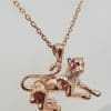 9ct Rose Gold Diamond & Pink Sapphire Panther Pendant on 9ct Chain
