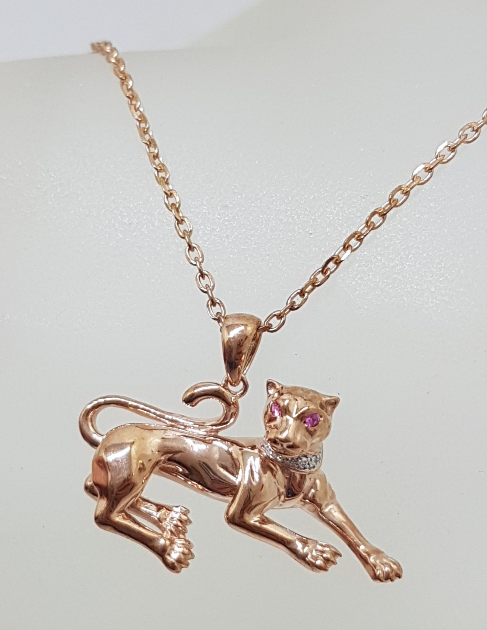 9ct Rose Gold Diamond & Pink Sapphire Panther Pendant on 9ct Chain