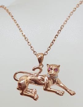 9ct Rose Gold Diamond & Pink Sapphire Panther Pendant on 9ct Chain
