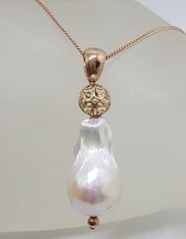 9ct Rose Gold Large Baroque Pearl Pendant on 9ct Chain