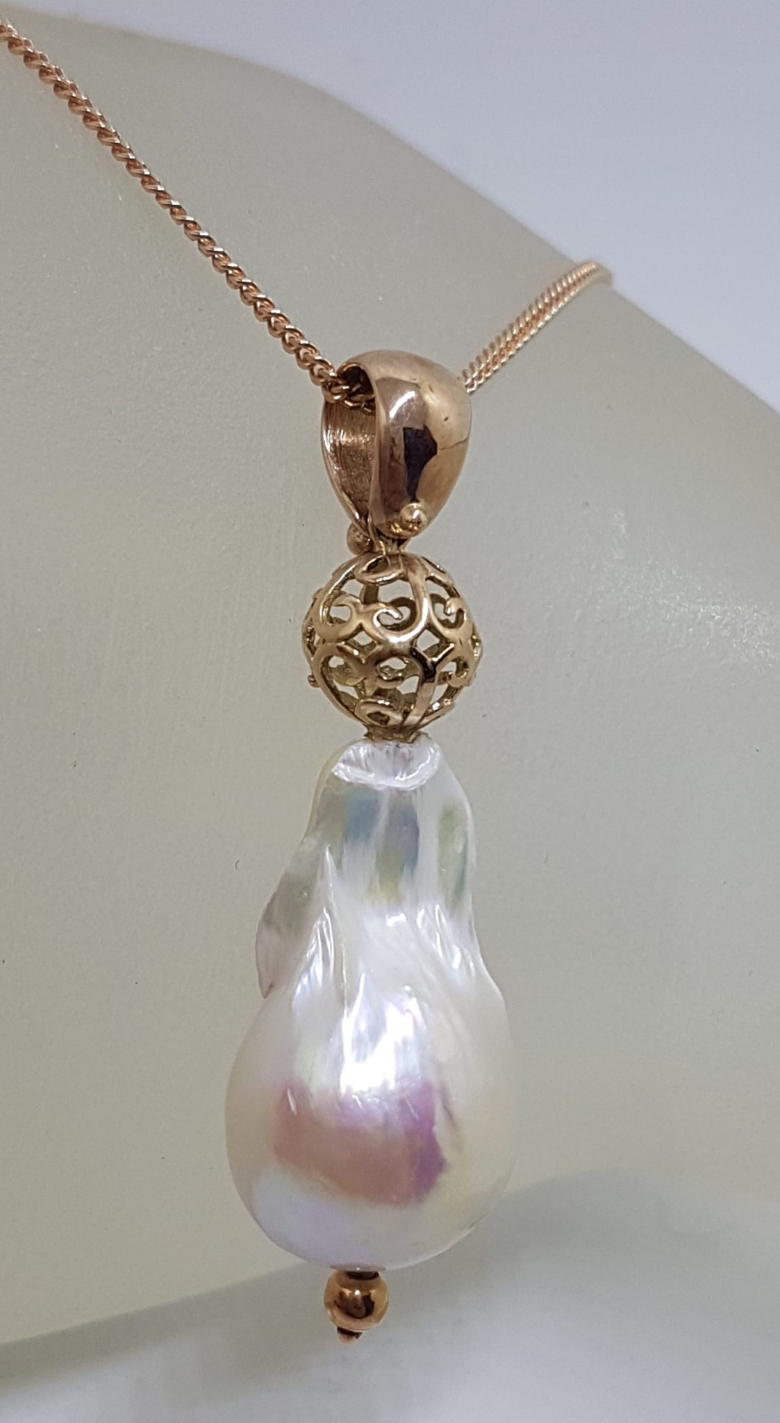 9ct Rose Gold Large Baroque Pearl Pendant on 9ct Chain