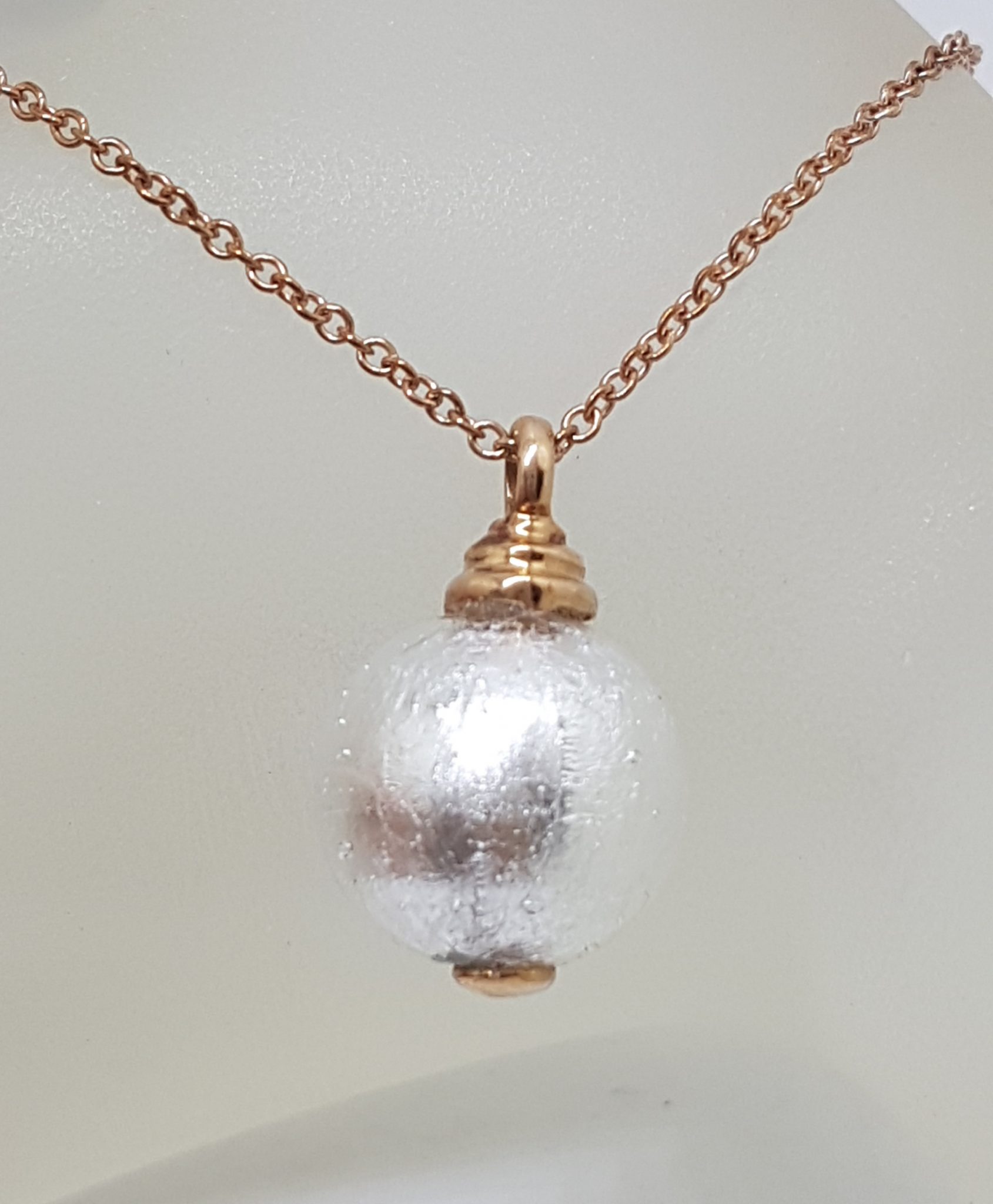 20200831_210428 9ct Rose Gold Silver Coloured Murano Glass Ball Pendant on 9ct Chain