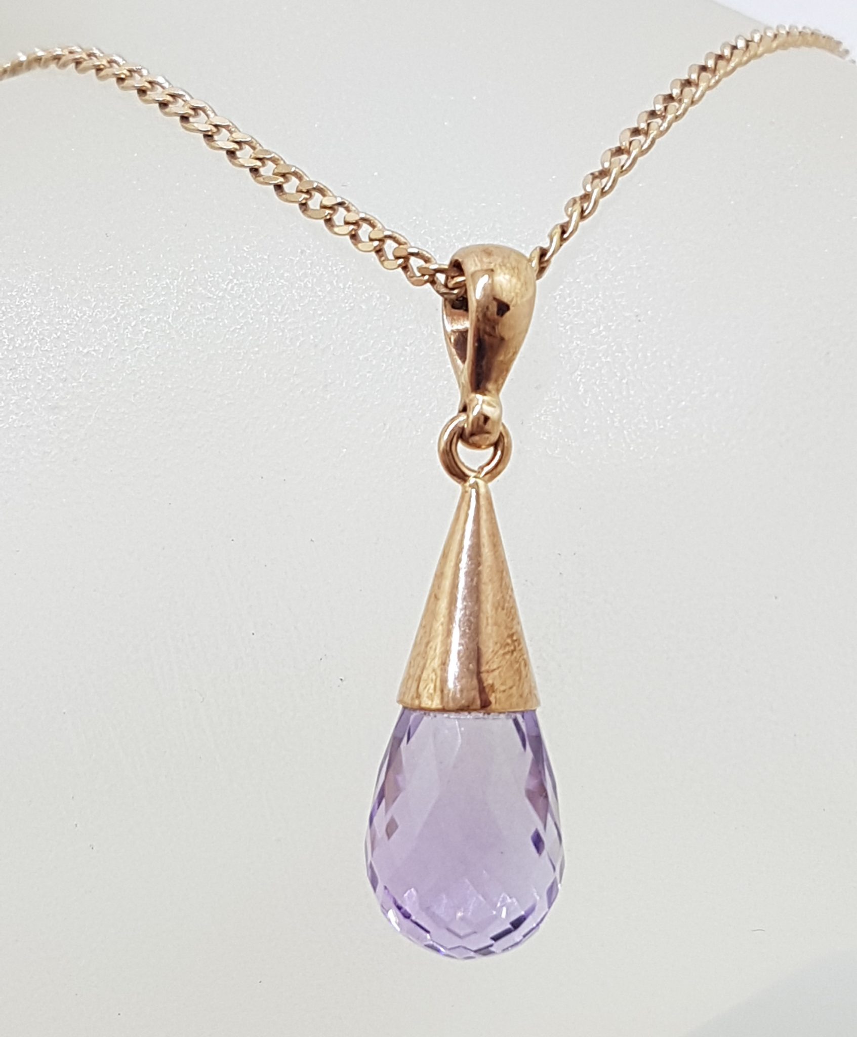 9ct Rose Gold Amethyst Cone Shape Drop Pendant on 9ct Chain