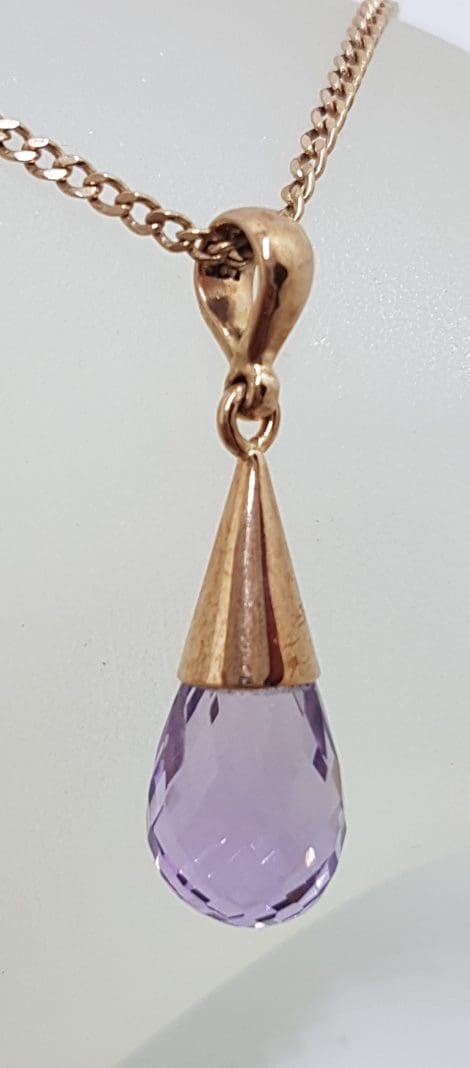 9ct Rose Gold Amethyst Cone Shape Drop Pendant on 9ct Chain