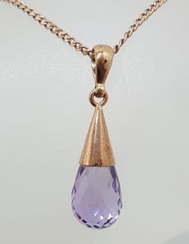 9ct Rose Gold Amethyst Cone Shape Drop Pendant on 9ct Chain