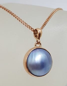 9ct Rose Gold Round Blue / Black Mabe Pearl Pendant on 9ct Chain