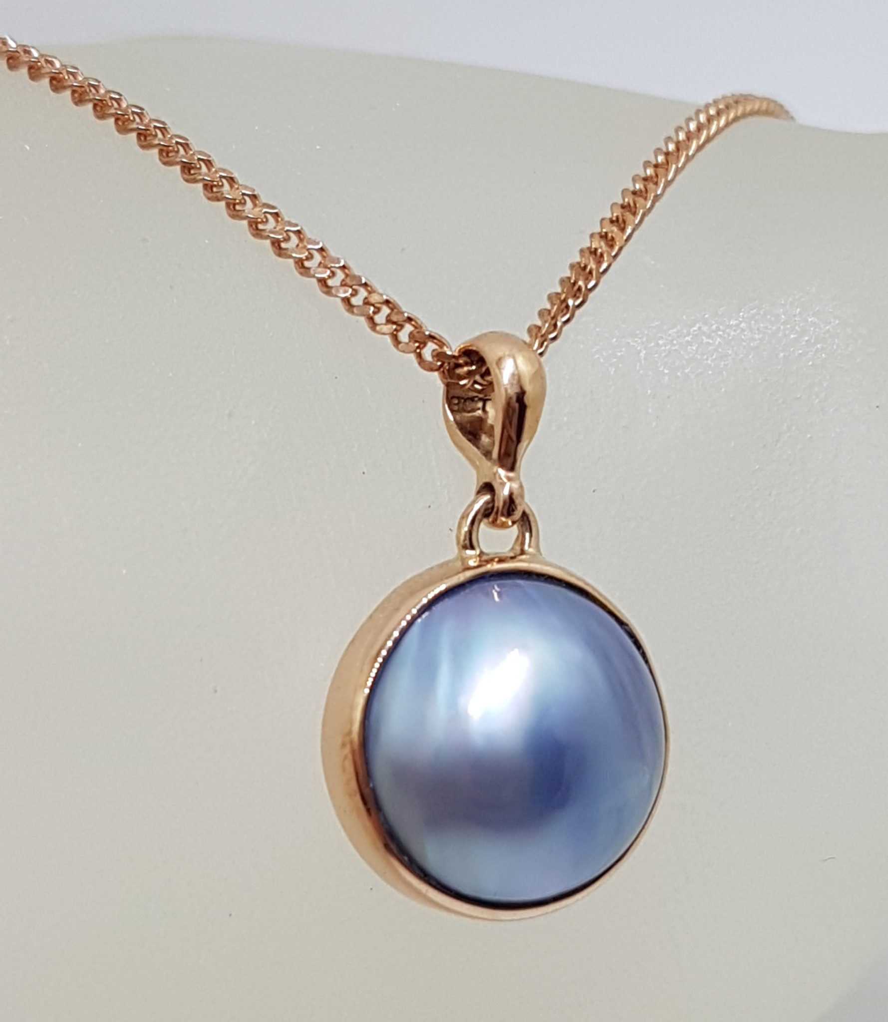 20200831_211412 9ct Rose Gold Round Blue / Black Mabe Pearl Pendant on 9ct Chain