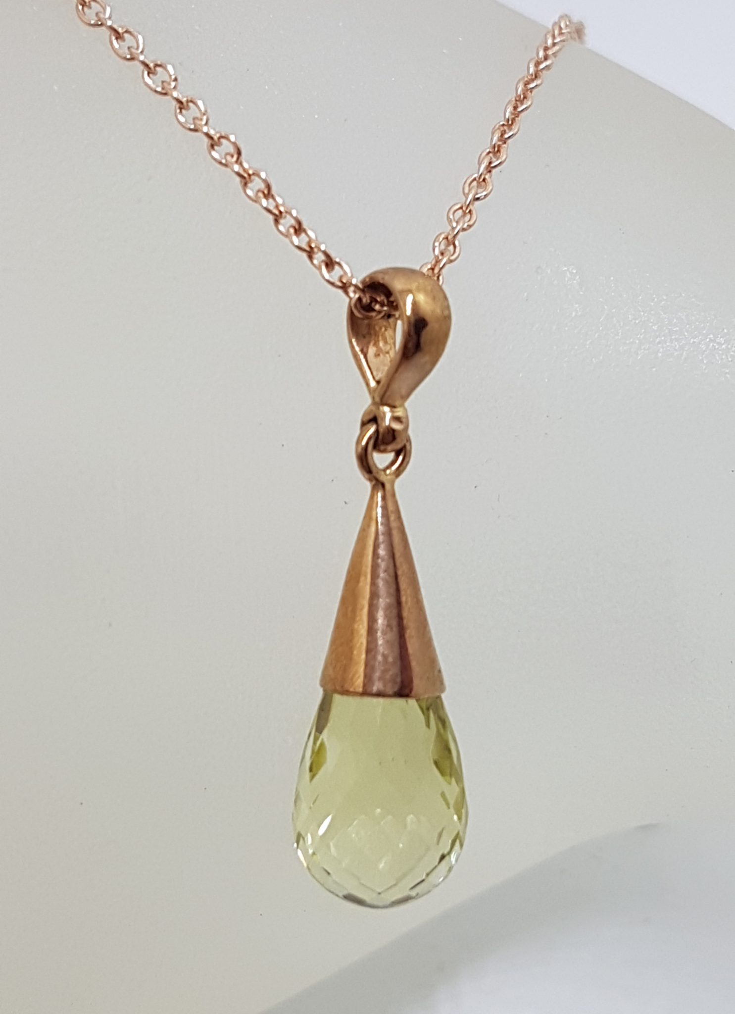 9ct Rose Gold Lemon Citrine Cone Shape Drop Pendant on 9ct Chain