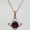 9ct Rose Gold Square Pendant set with Diamonds and Garnet on 9ct Gold Chain