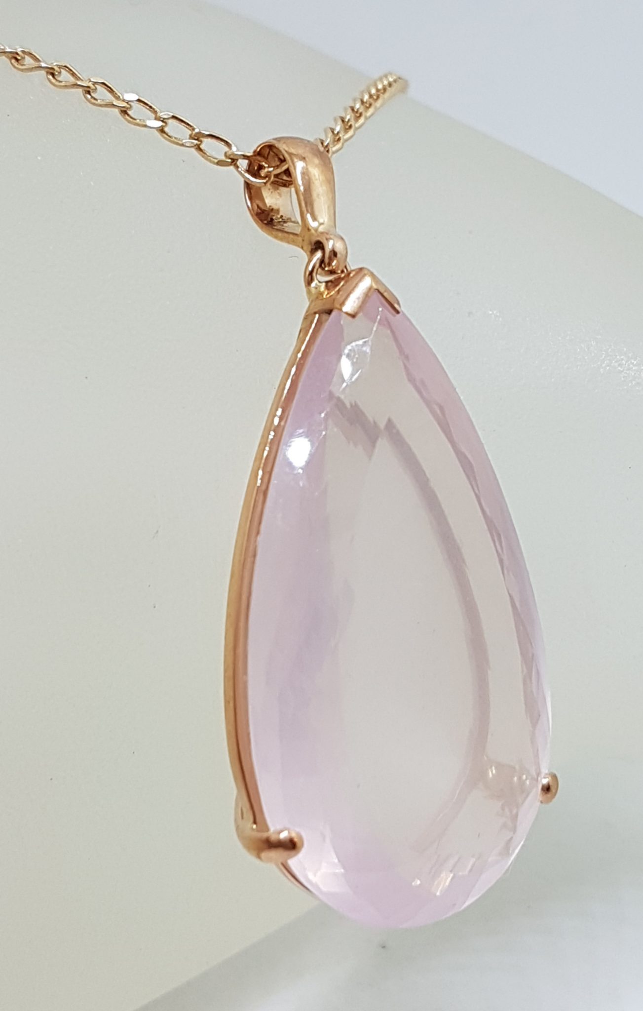 20200831_212428 9ct Rose Gold Large Teardrop Shape Rose Quartz Pendant on 9ct Chain