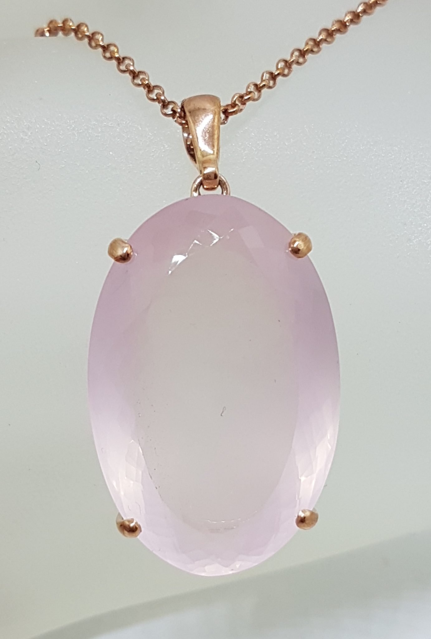 9ct Rose Gold Large Oval Faceted Rose Quartz Pendant on 9ct Chain