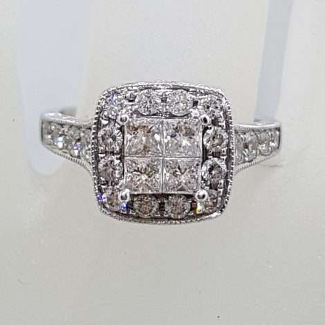 9ct White Gold Square High Set Cluster Diamond Engagement / Dress Ring