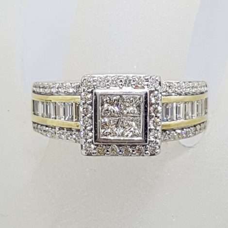 9ct Yellow Gold Square Wide Channel Set and Claw Set Cluster Diamond Engagement / Dress Ring