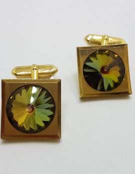 Vintage Costume Gold Plated Cufflinks - Square - Green Mystic