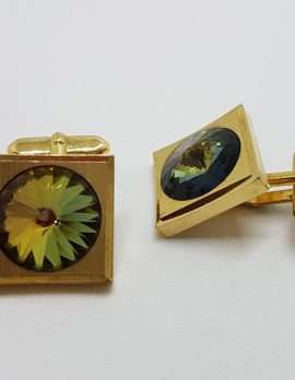 Vintage Costume Gold Plated Cufflinks - Square - Green Mystic