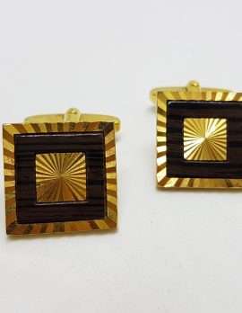 Vintage Costume Gold Plated Cufflinks - Square - Patterned with Brown