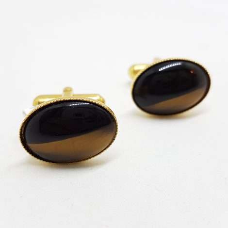 Vintage Costume Gold Plated Cufflinks - Oval - Tiger Eye